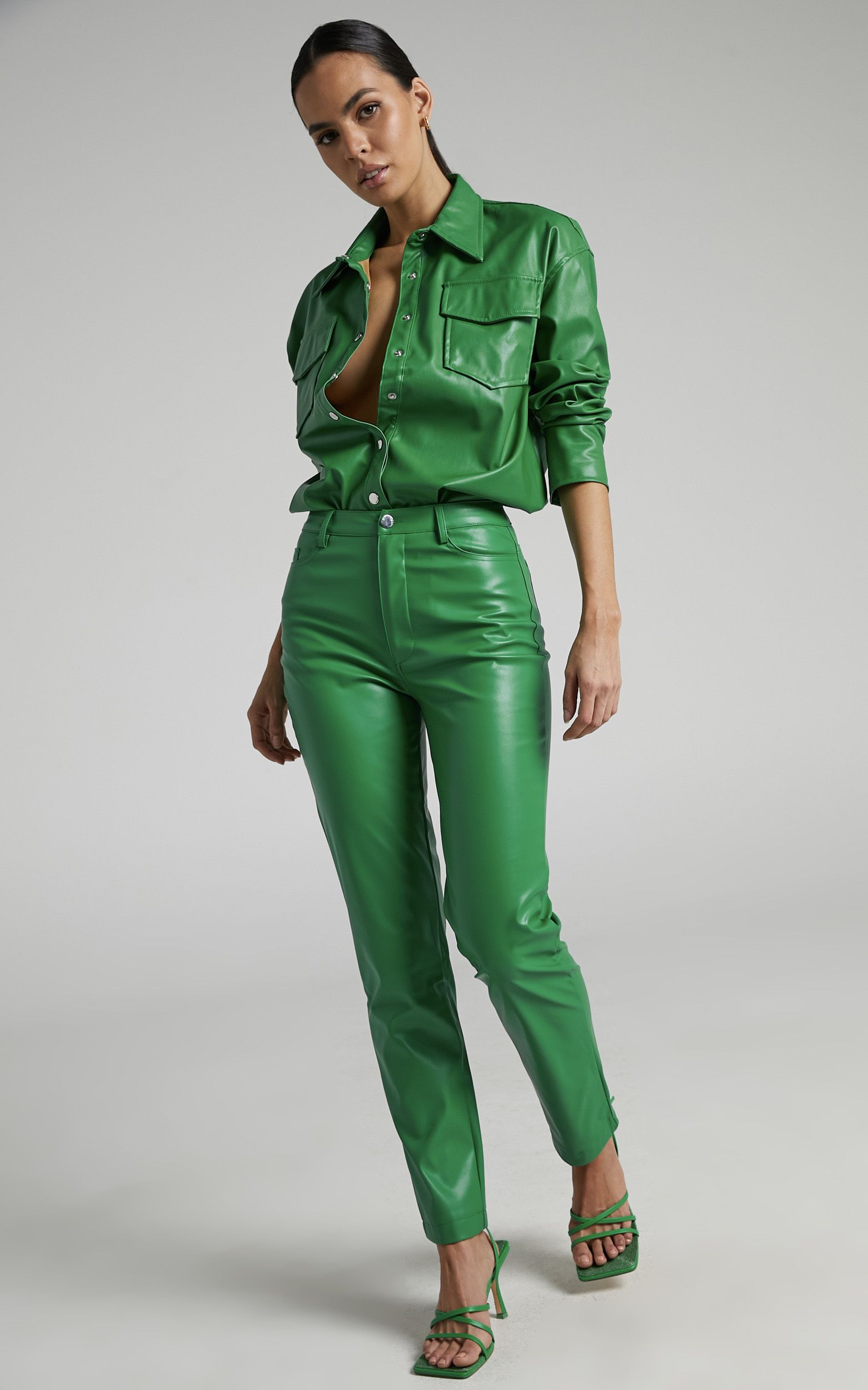 Dilyenne High Waist Straight Leg Faux Leather Pants in Green | Showpo | Showpo (US, UK & Europe)