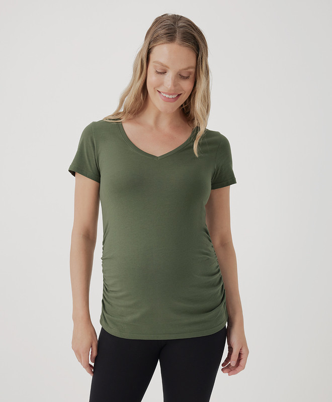 Women’s Maternity Ruched V-neck Tee made with Organic Cotton | Pact | Pact Apparel