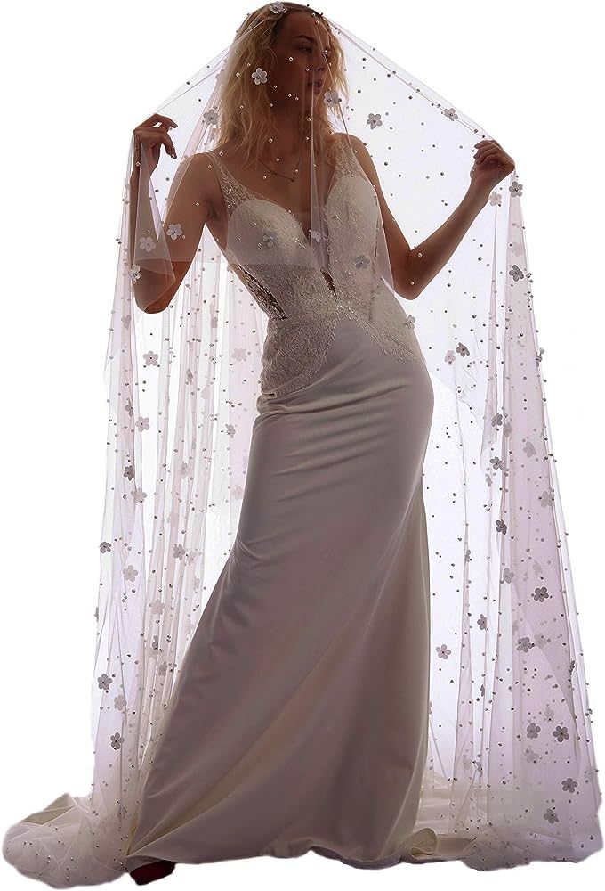 Formulen 2 Tier Pearl Veil 3D Lace Flower Wedding Veils For Brides Veil Ivory Beaded Veil Cathedr... | Amazon (US)