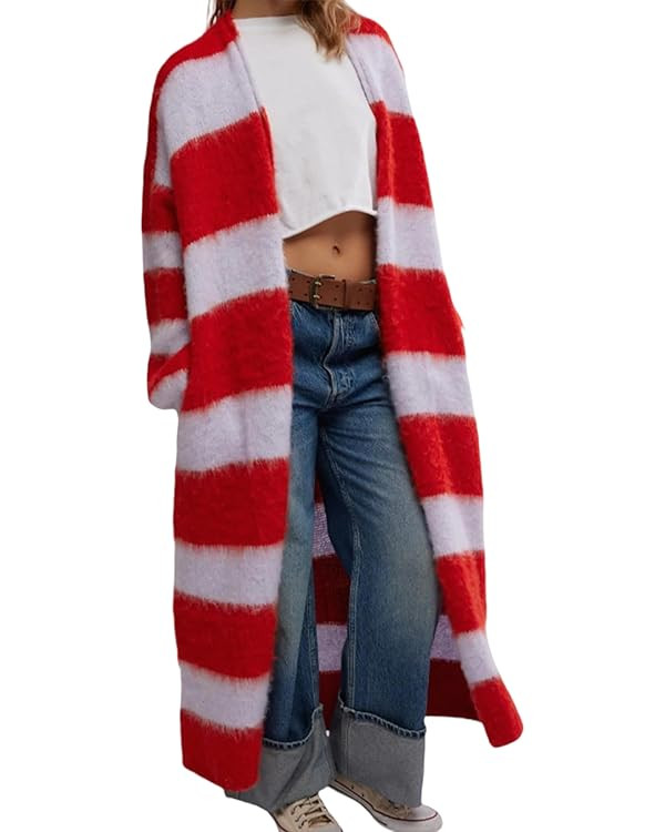 Womens Color Block Striped Long Cardigan Sweaters Open Front Fuzzy Chunky Cardigans Casual Loose ... | Amazon (US)