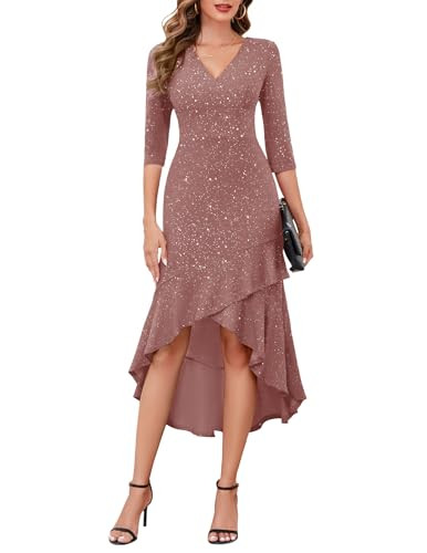 BeryLove Evening Dress for Women Sequin Formal Party Dress Wedding Guest 3/4 Sleeve Glitter Midi Cocktail Birthday Dress 7065 Blush 2XL | Amazon (US)