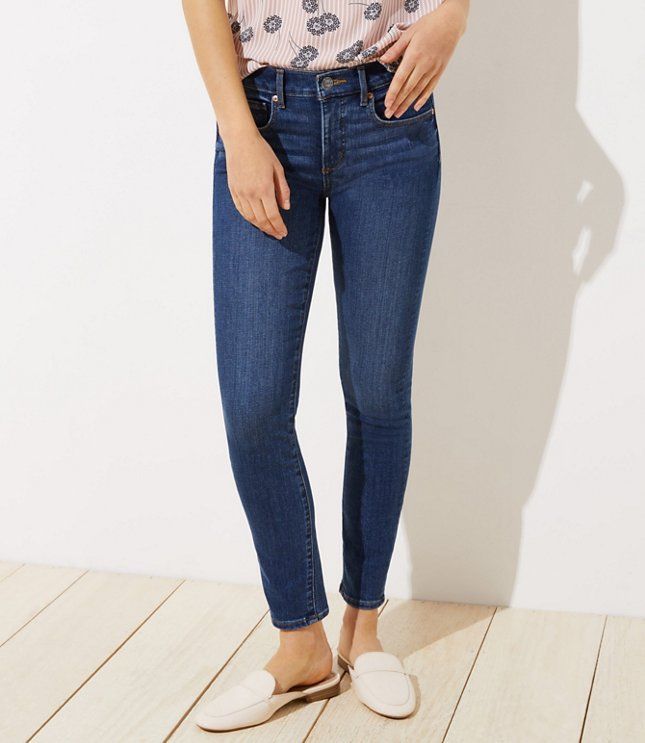 Curvy Destructed Slim Pocket Skinny Jeans in Mid Indigo Wash | LOFT | LOFT