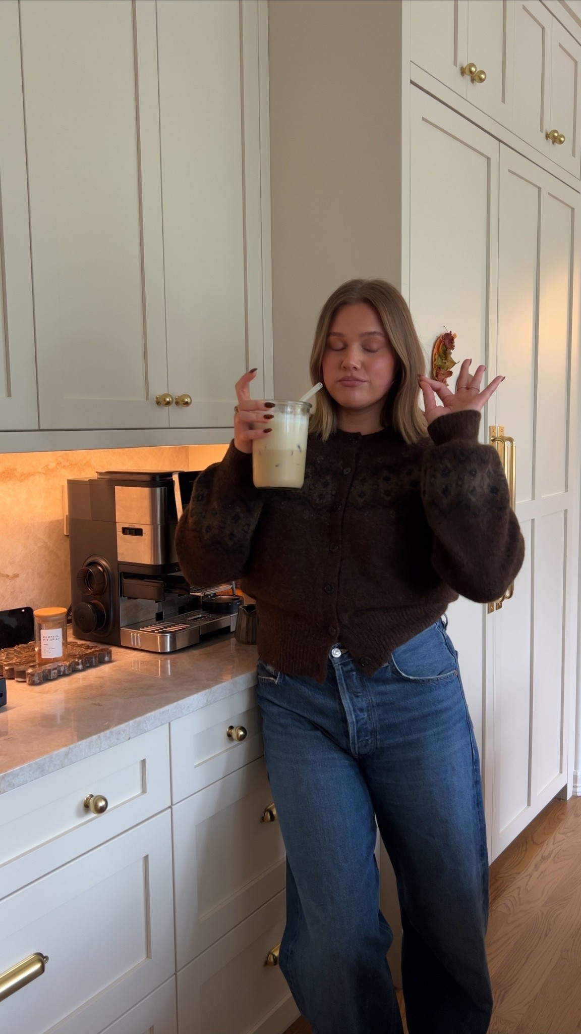 Size down in jeans at least once they run really big. They come cuffed but I unroll so they have a nice long length! Sweater true to size has a nice cozy fit. Cardigan sold out but sweater in stock! Linked similar also 