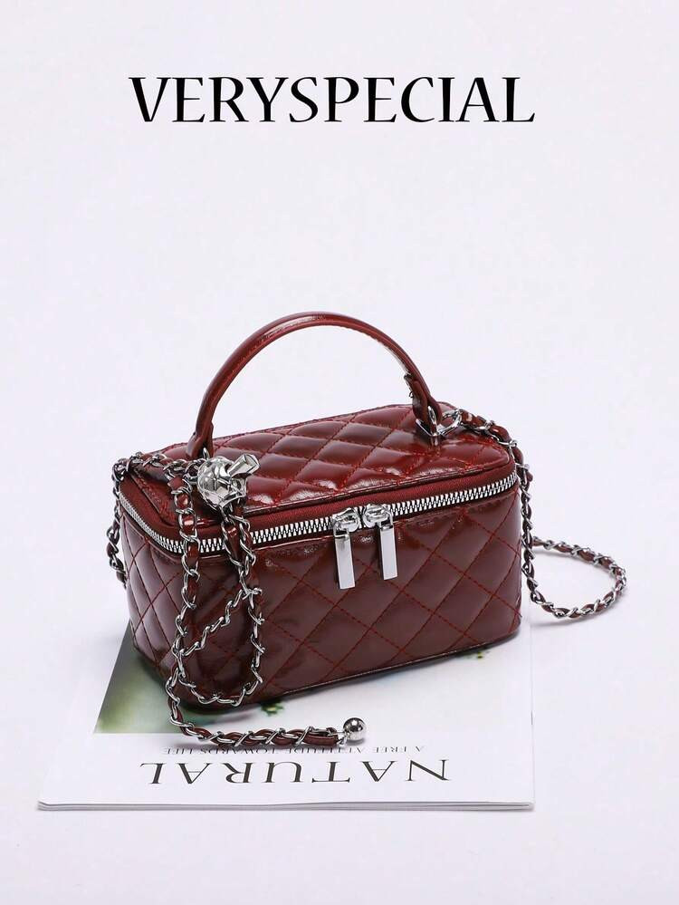 1pc Fashion PU Quilted Rhinestone Embroidery Box Bag, Zipper Small Square Bag, Women's Handbag Wi... | SHEIN