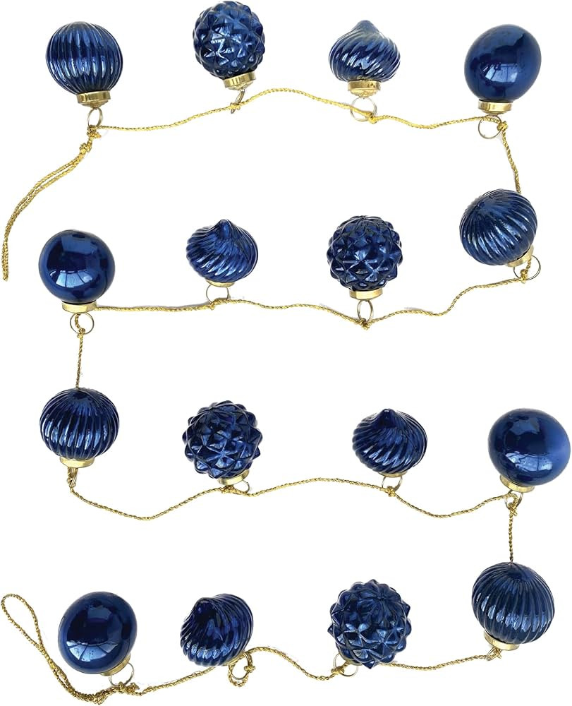 Creative Co-Op Embossed Mercury Glass Ornament Garland with Gold Cord, Dark Blue | Amazon (US)
