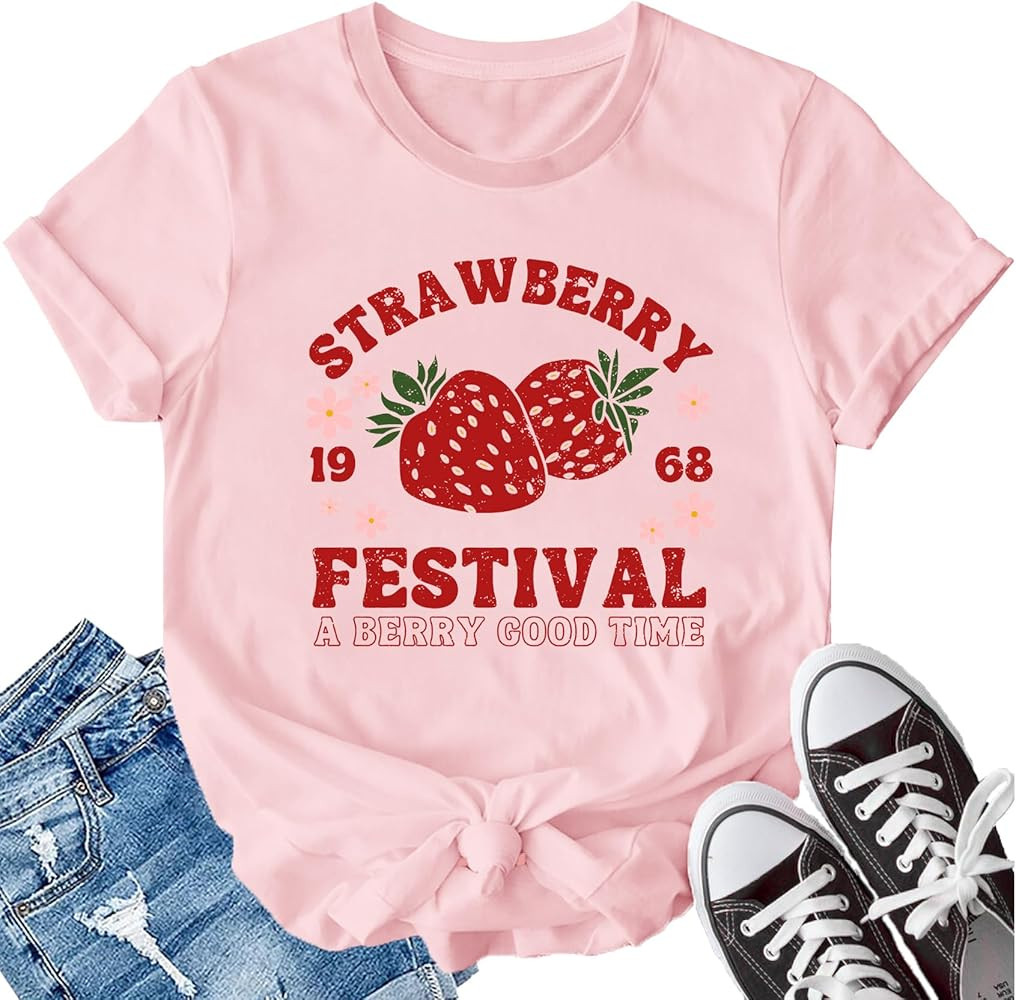Strawberry Shirt for Women Feeling Berry Good Letter Printed T-Shirt Cute Fruit Tee Casual Garden... | Amazon (US)