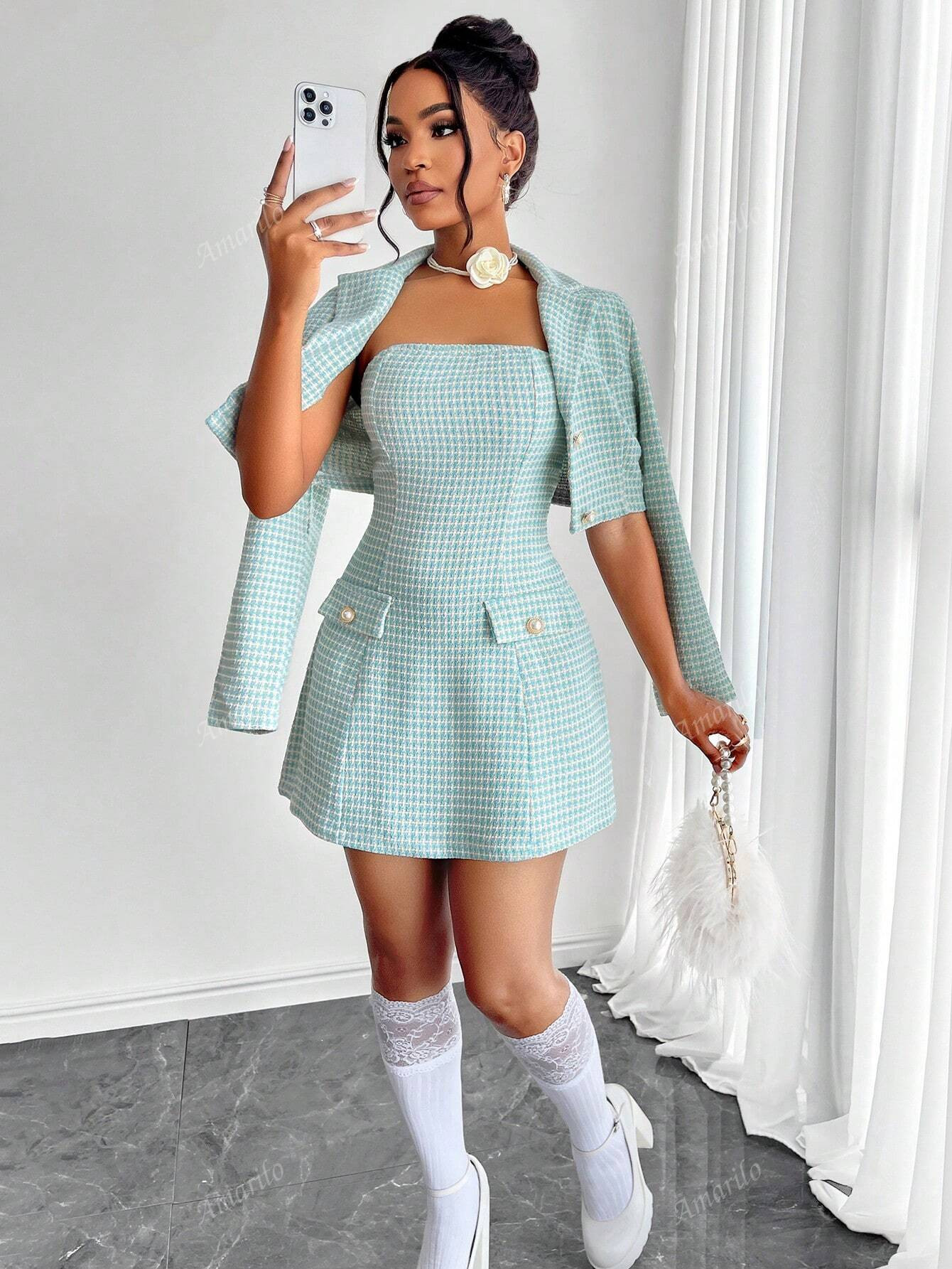 Women's Plaid Tweed A-Line Autumn And Winter  Tube Dress & Crop Jacket Set Two Piece For Dating | SHEIN