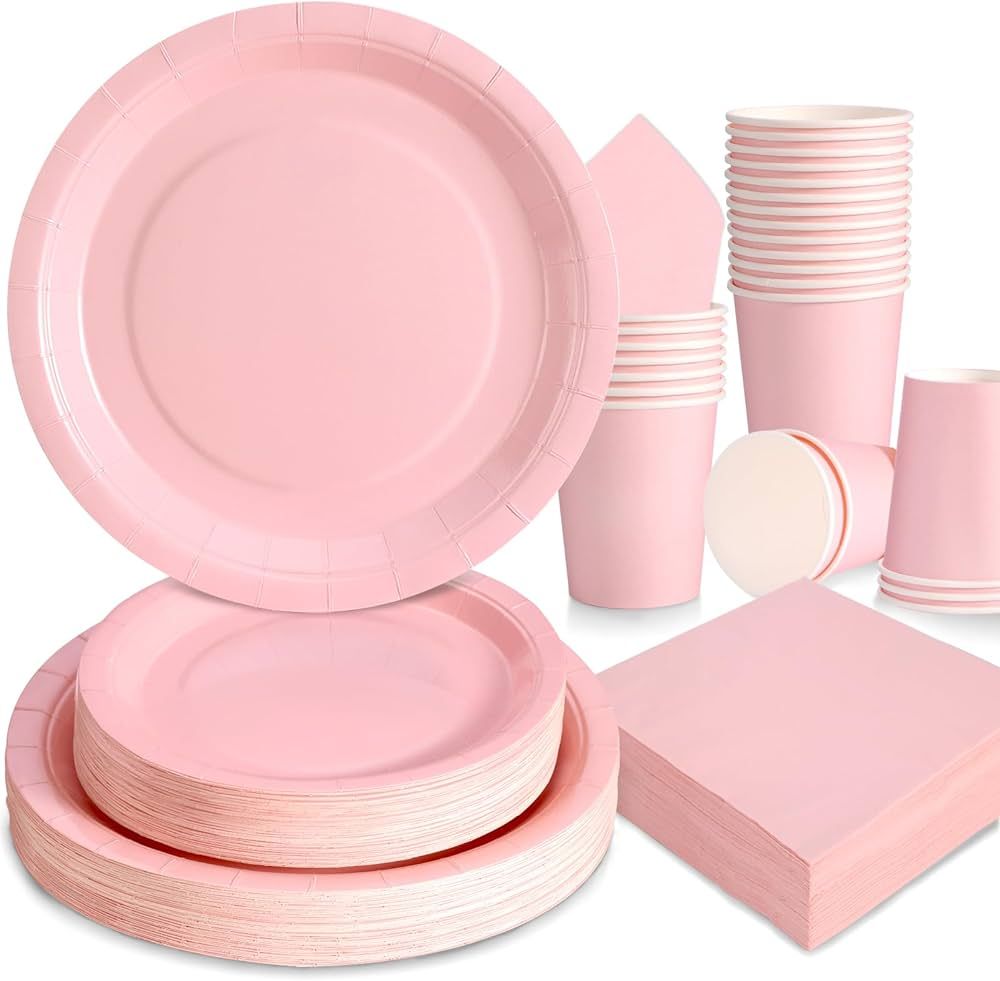 Gudvilla 200PCS Pink Party Supplies Pink Paper Plate and Napkins Serves 50 Guests Pink Plates Pin... | Amazon (US)