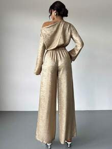 Firerie Women's Asymmetric Open Shoulder Loose Metallic Flare Sleeve Shirt And Elastic Waist Wide... | SHEIN