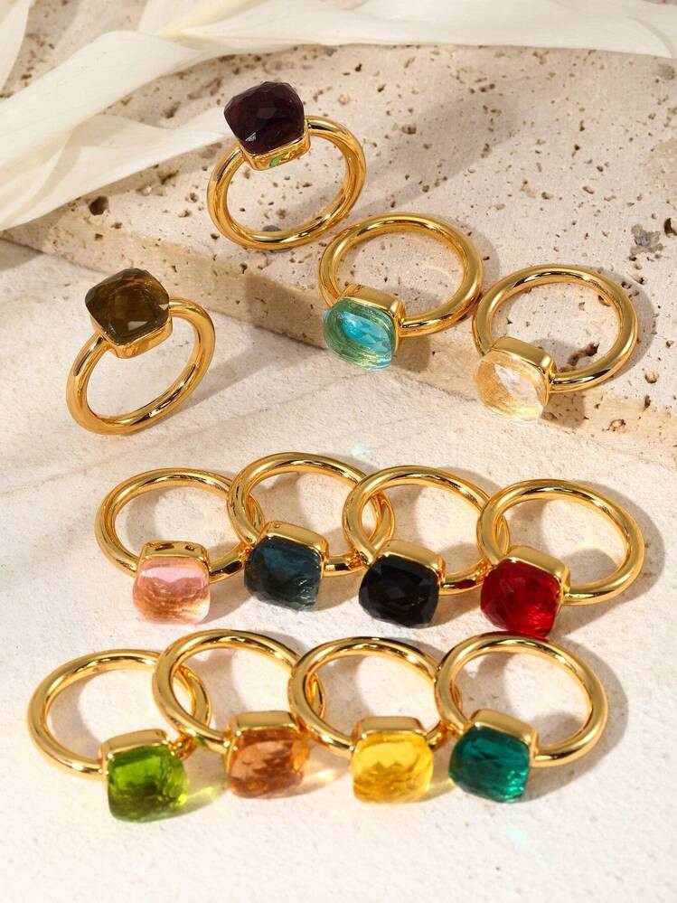 1pc Luxury Mushroom Irregularly-Shaped Square Copper Ring With Zirconia & Green Gemstone, Suitable For Gift For Valentine's Day, Wedding, Mother's Day, Date Night | SHEIN