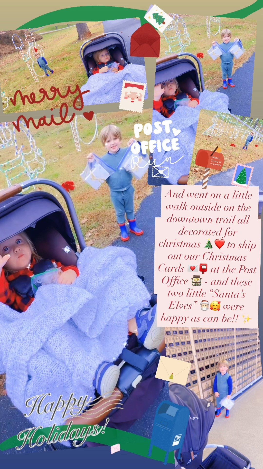 And just like that, all of the Christmas cards 💌🎄 were packed and ready ✔️ to mail out at the post office 🏤📬📮 with my little Santa’s elves!!! 🎅🏻🤭👶🏼 We walked the cute little downtown trail all decorated for Christmas 🌟 to send off our “merry mail” today and these cuties were happy as can be!! 🥰❤️🎉
