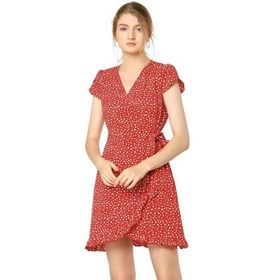 INSPIRE CHIC Women's Spring Ruffle Hem Irregular Dot Short Sleeve V-Neck Chiffon Floral Wrap Dress Red X-Small | Target