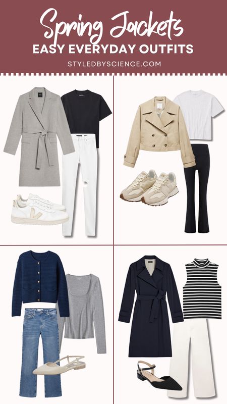 Spring coat capsule collection - wool wrap coat, white jeans, white sneakers, cropped trench coat, flare leggings, New Balance 327 sneakers, sweater jacket, soft draped trench coat. 

#LTKstyletip #LTKfindsunder100 #LTKworkwear