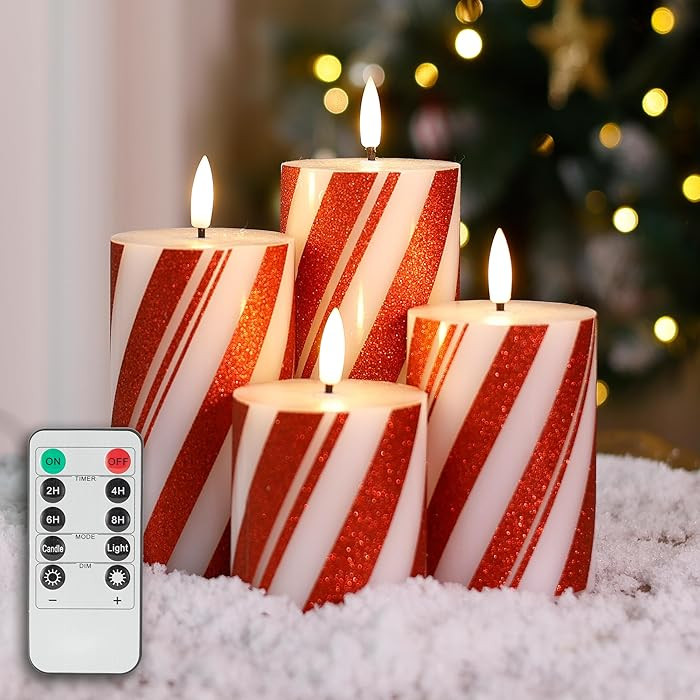 Red Striped Flameless Pillar Candles with Remote Set of 4, Battery Operated Real Wax LED Candy Ca... | Amazon (US)