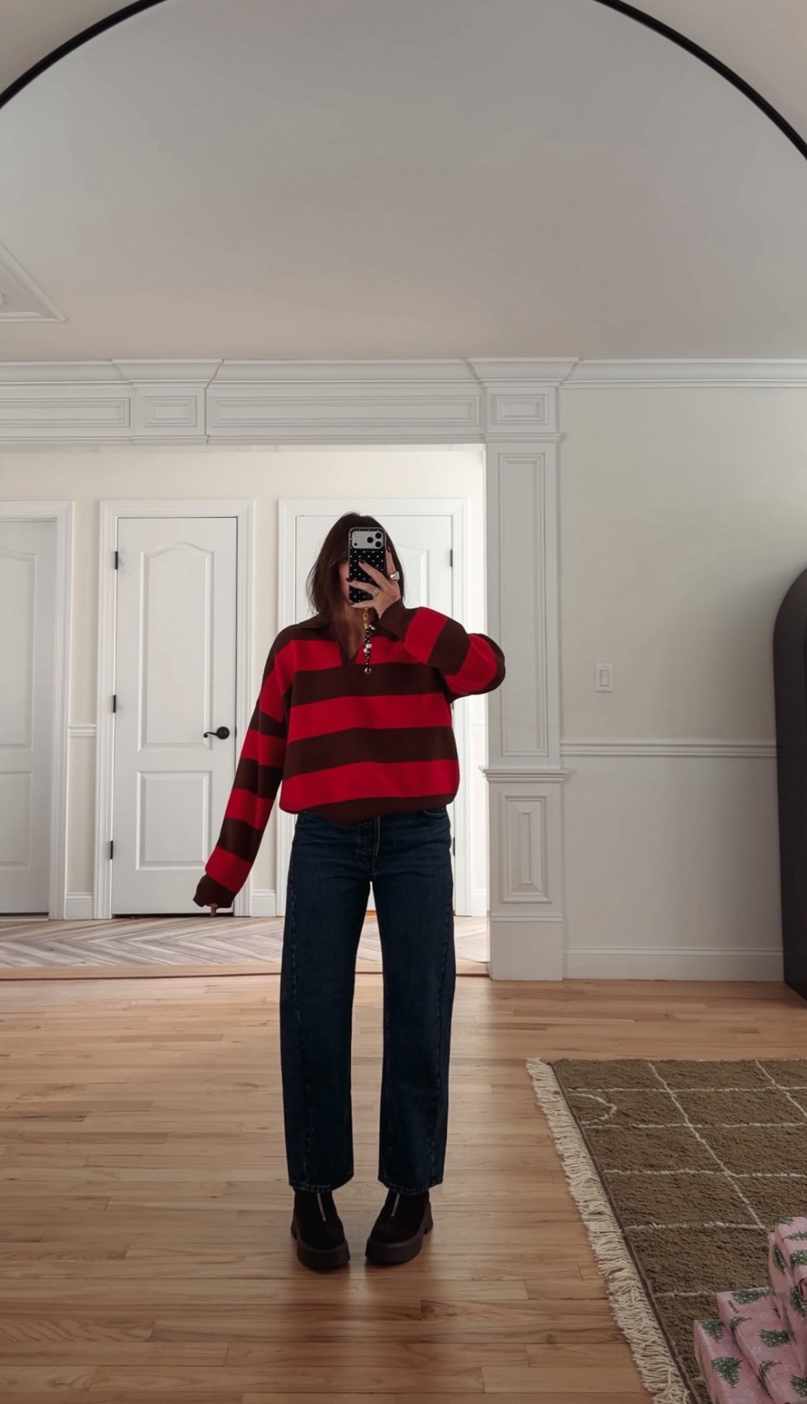 Denim size 27, sweater size large. Boots are TTS!