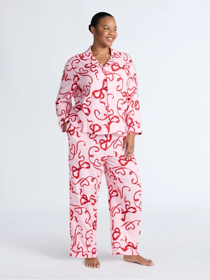 Joyspun Women's Long Sleeve Flannel Sleep Top and Pants Pajama Set, 2-Piece, Sizes XS-3X | Walmart (US)