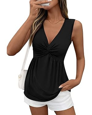 BTFBM Tank Top for Women 2026 Spring Summer Tops Babydoll Twist Front V Neck Sleeveless Flowy Dre... | Amazon (US)