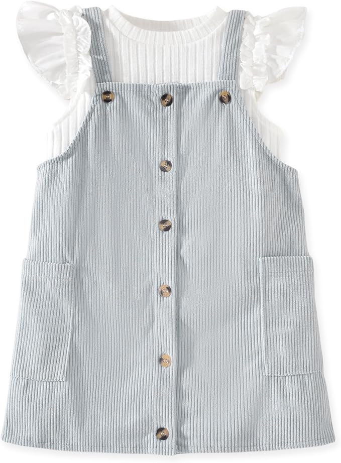 HINTINA 2-7 Years Toddler Girl Butterfly Sleeve Tee Corduroy Button Down Overall Dress Set | Amazon (US)