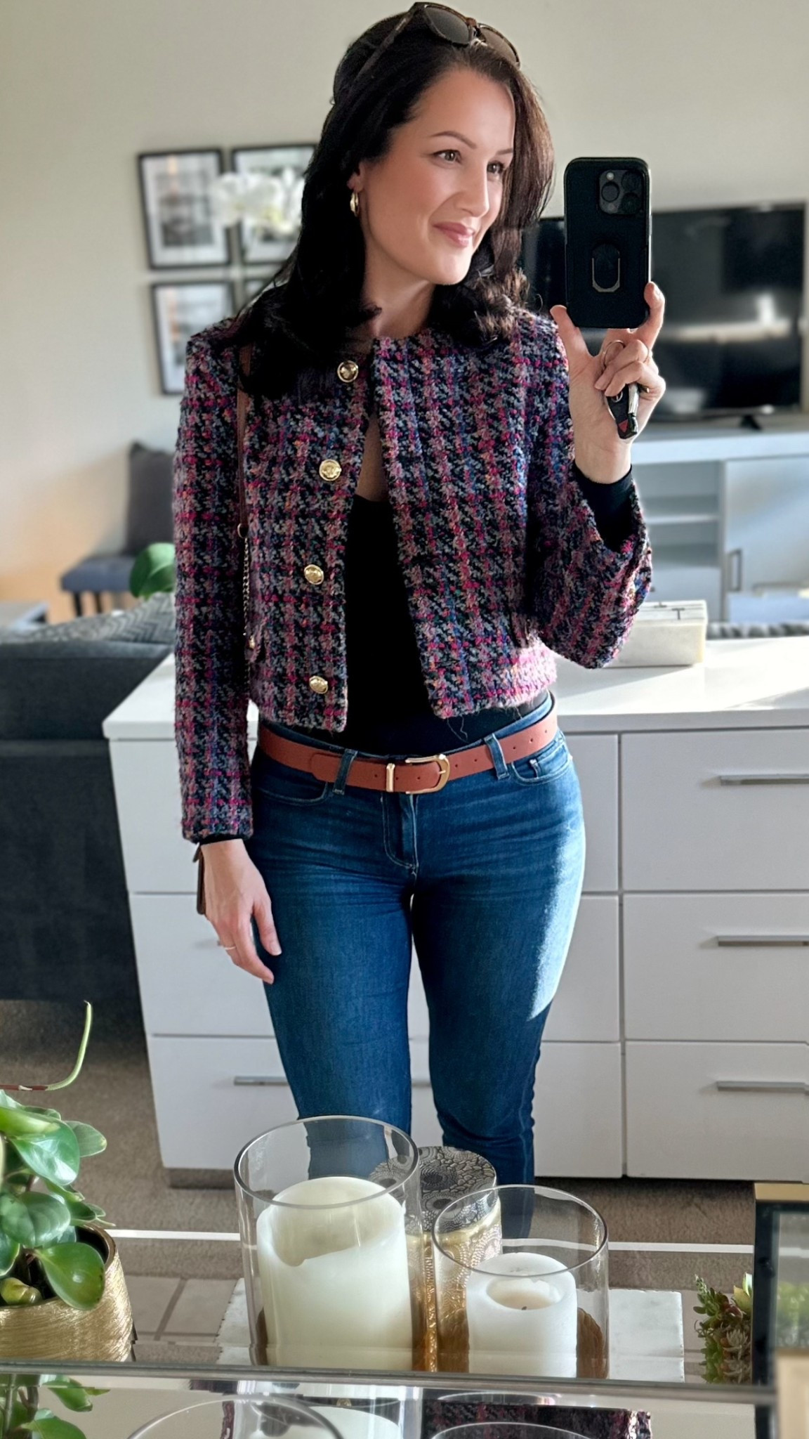 Chic fall and winter outfit featuring a tailored tweed jacket styled with classic blue jeans, a fitted top, and a leather belt. An elegant casual look for everyday wear, brunch, travel, or polished weekend style. 

#LTKSeasonal #LTKootd #LTKdayinmylife