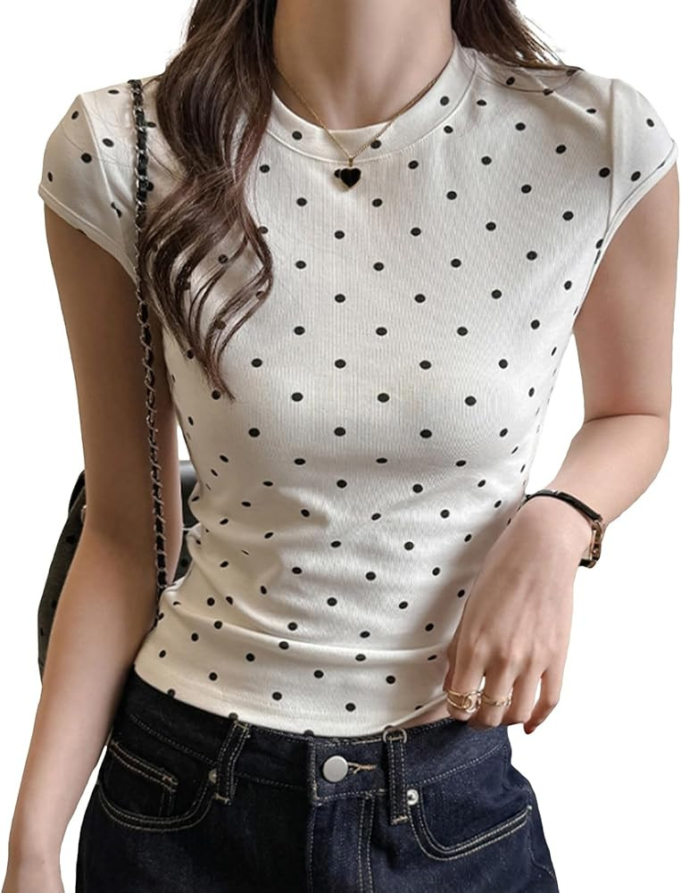 Women Y2k Short Sleeve Polka Dot Crop Tops Slim Fitted Crew Neck T Shirts Cute Graphic Baby Tee S... | Amazon (US)