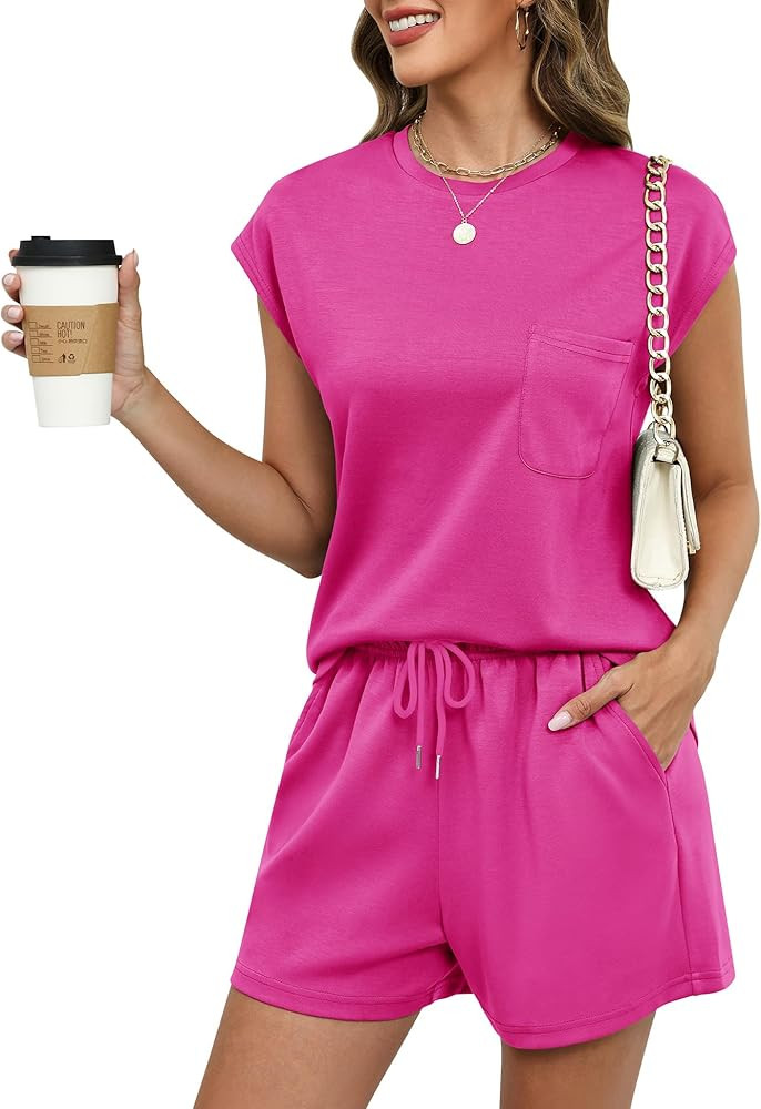 LOMON Two Piece Shorts Sets for Women Vacation Trendy Lounge Sets Crew Neck Matching Sets Cap Sle... | Amazon (US)