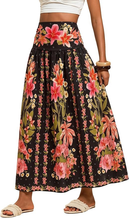 Verdusa Women's Boho Floral Print Maxi Skirt Shirred High Waisted A Line Flowy Long Skirts | Amazon (US)