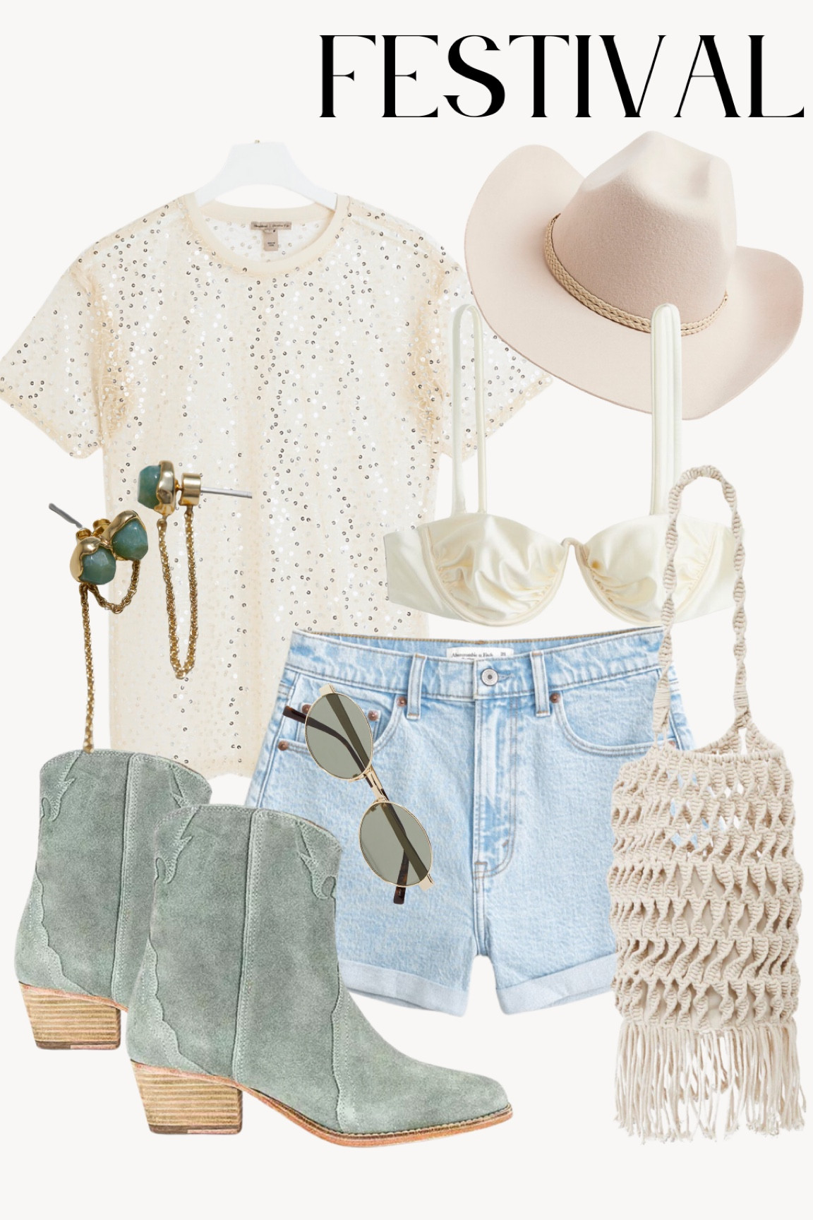 Transparent sequin top, balconette bikini top, denim mom shorts, macrame bag, cowboy hat, green western boots, summer outfit, western style, era tour, concert outfit, festival outfit, Glastonbury festival.

#LTKpartywear #LTKsummer #LTKstyletip