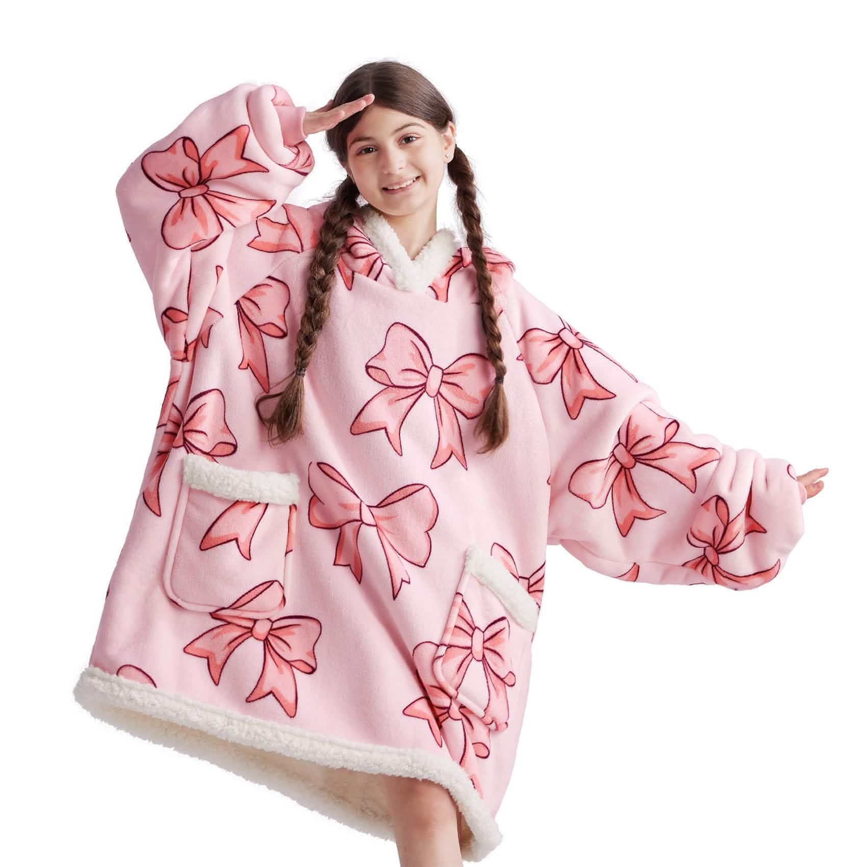 Sherpa Fleece Printed Short Wearable Blanket Hoodie Pink | Bedsure