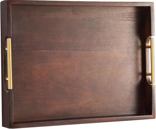 Joy&Grace Ottoman Tray for Living Room 16.7 x 12.8 inch Large Acacia Wooden Serving Tray with Handles for Coffee Table, Breakfast in Bed, Food Dinner, Decorative Rectangular Tray (Color Brown) | Amazon (US)