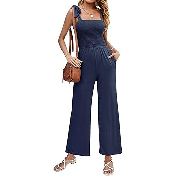 ZESICA Women's 2023 Summer Casual Spaghetti Strap Smocked High Waist Wide Leg Jumpsuit Romper | Amazon (US)