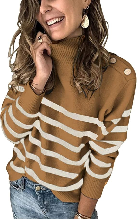 KIRUNDO 2020 Winter Women’s Long Sleeves Knit Sweater Turtleneck Striped Print Loose Pullover T... | Amazon (US)