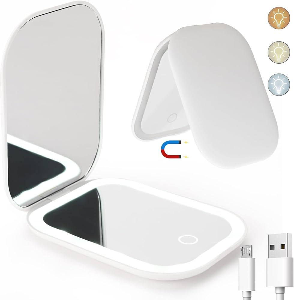 LED Compact Mirror with 3-Color Light, Small Travel Mirror with 1X/2X Magnifying for Purse, Pocke... | Amazon (US)
