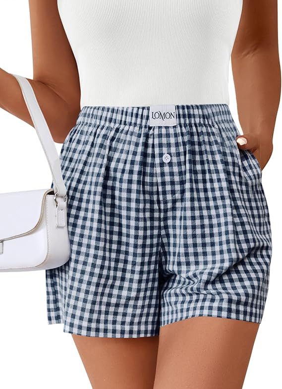 LOMON Boxer Shorts for Women Summer Gingham Cotton Pajamas 2025 Lounge Sleep Pj Plaid Shorts Y2K ... | Amazon (US)