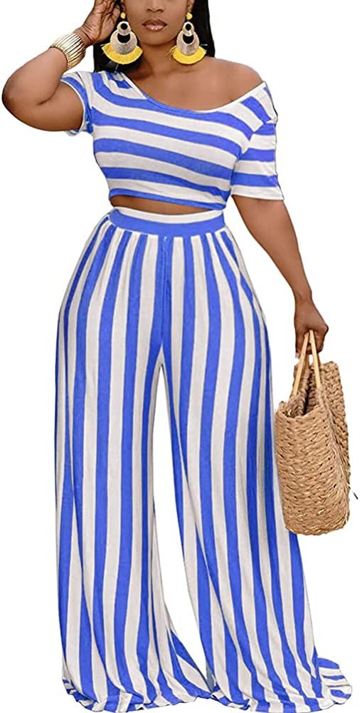 2 Piece Outfits for Women Sexy Backless Short Sleeve Crop Top High Waist Wide Leg Long Pant Sets Tra | Amazon (US)