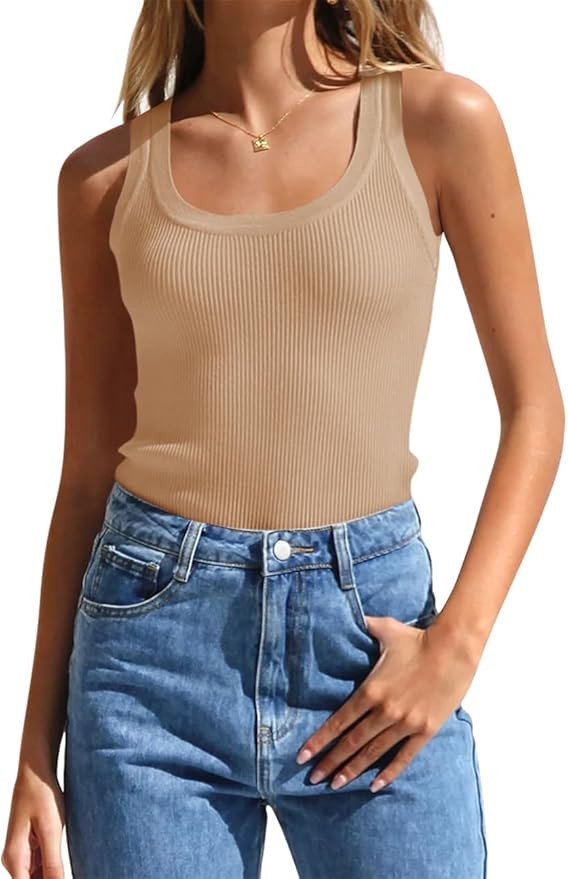 ZESICA Women's Sleeveless Tank Tops Summer Scoop Neck Ribbed Knit Slim Fitted Casual Basic Tee Sh... | Amazon (US)