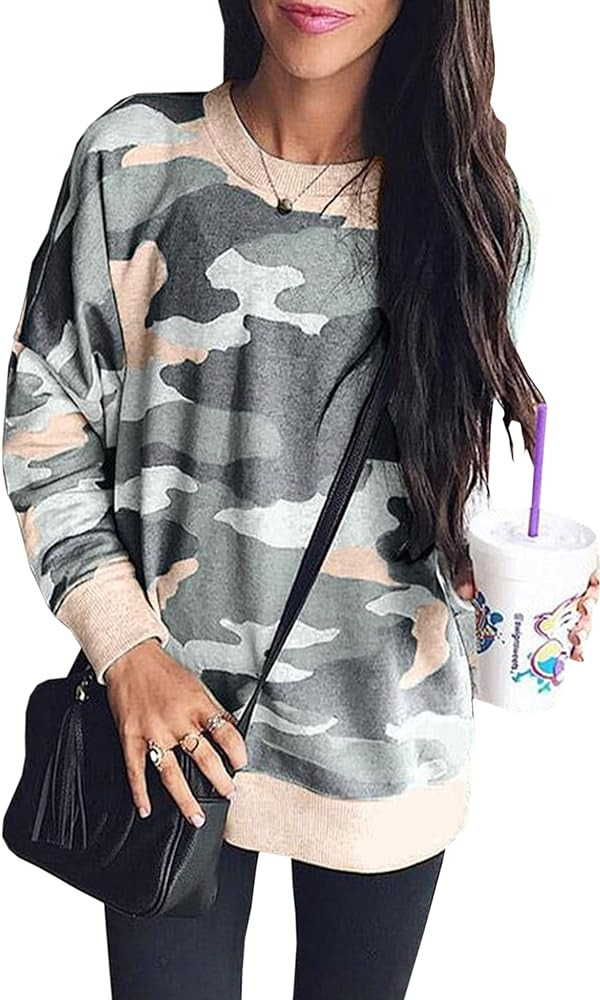 ECOWISH Women Side Split Sweatshirt: Fall Crewneck Long Sleeve Oversized Camo Shirts Casual Camou... | Amazon (US)