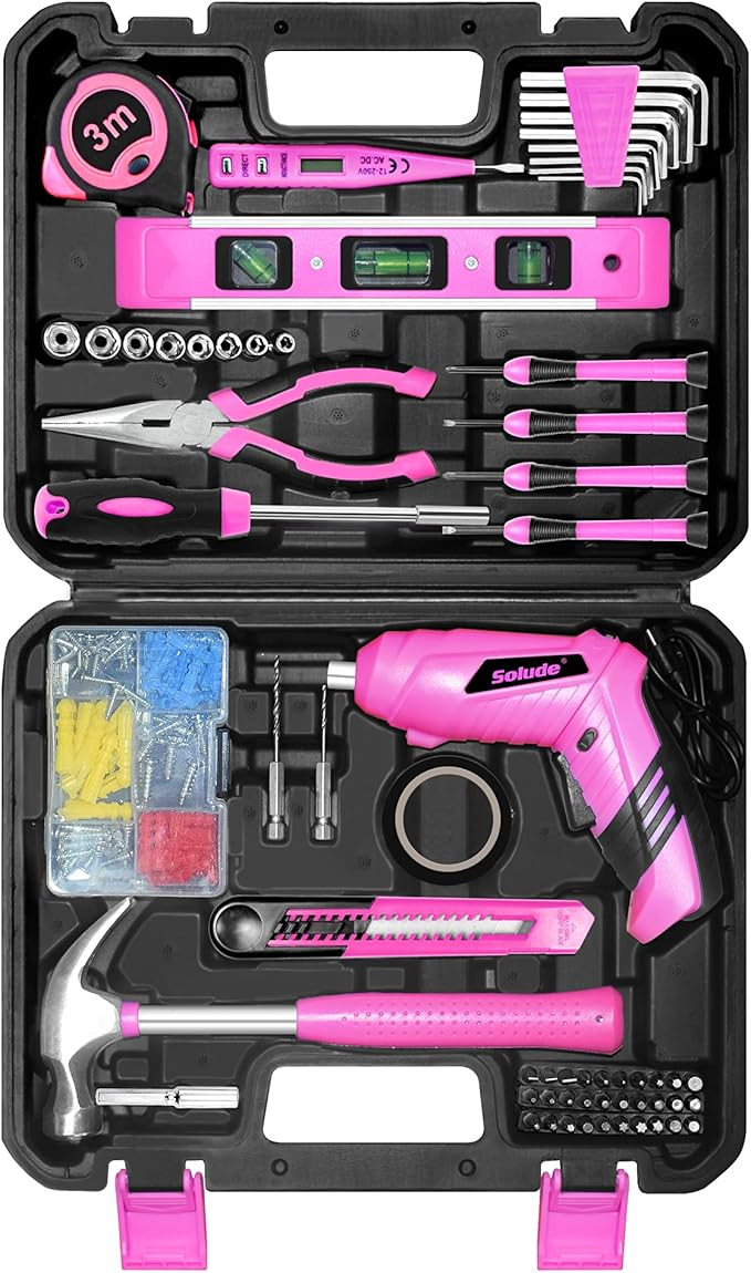 SOLUDE Pink Tool Set,130 Piece Home Tool Kit for Women with 3.6V Cordless Rechargeable Screwdrive... | Amazon (US)