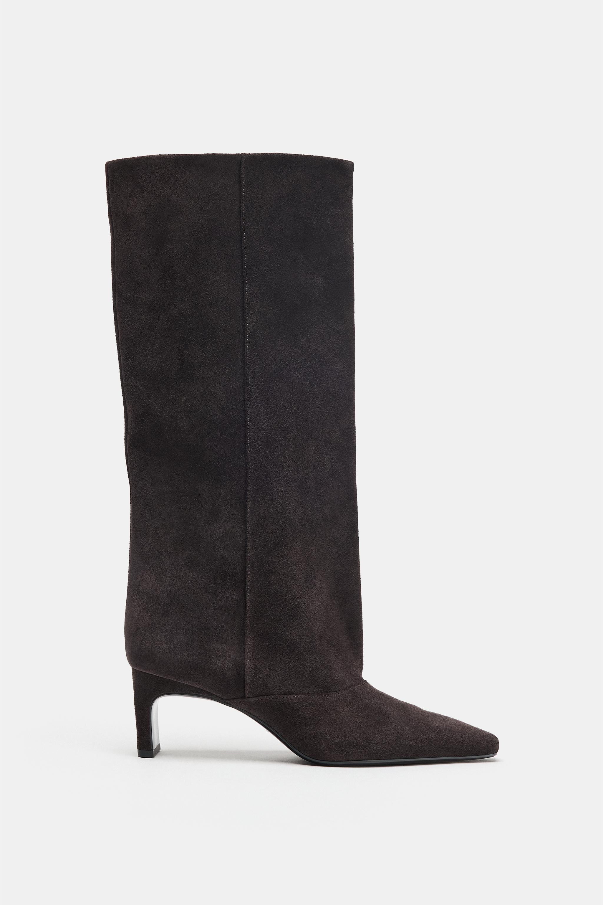 Suede heeled boots. Topstitching detail on the upper. Easy pull-on style. High shaft. Mid-height ... | Zara US