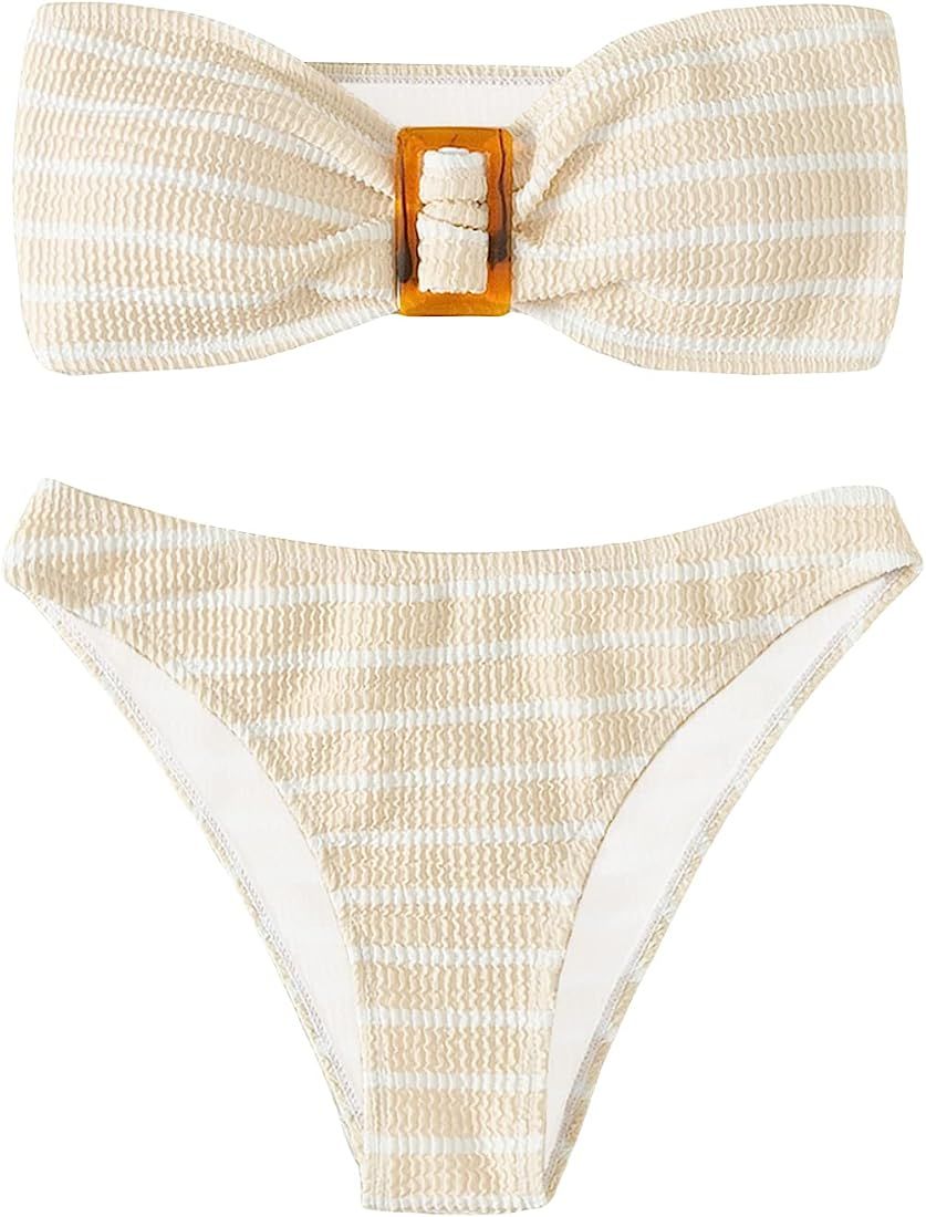 GORGLITTER Women's 2 Piece Striped Swimsuit Strapless Bandeau High Waisted Thong Bikini Set Bathing  | Amazon (US)
