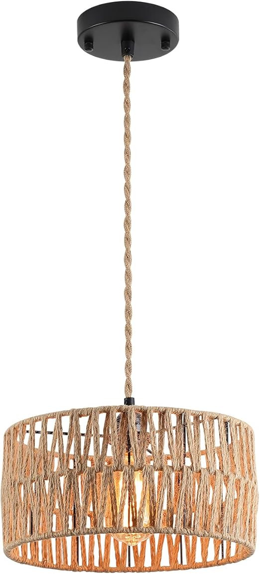 Coastal Woven Pendant Light Fixture One-Light Adjustable Rustic Hemp Rope Pendant Lighting for Ki... | Amazon (CA)