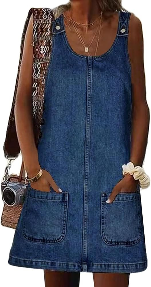 Overall Dress for Women Denim Dress Denim Overall Round Neck Skirtall Jean Dress Denim Jumper Dre... | Amazon (US)