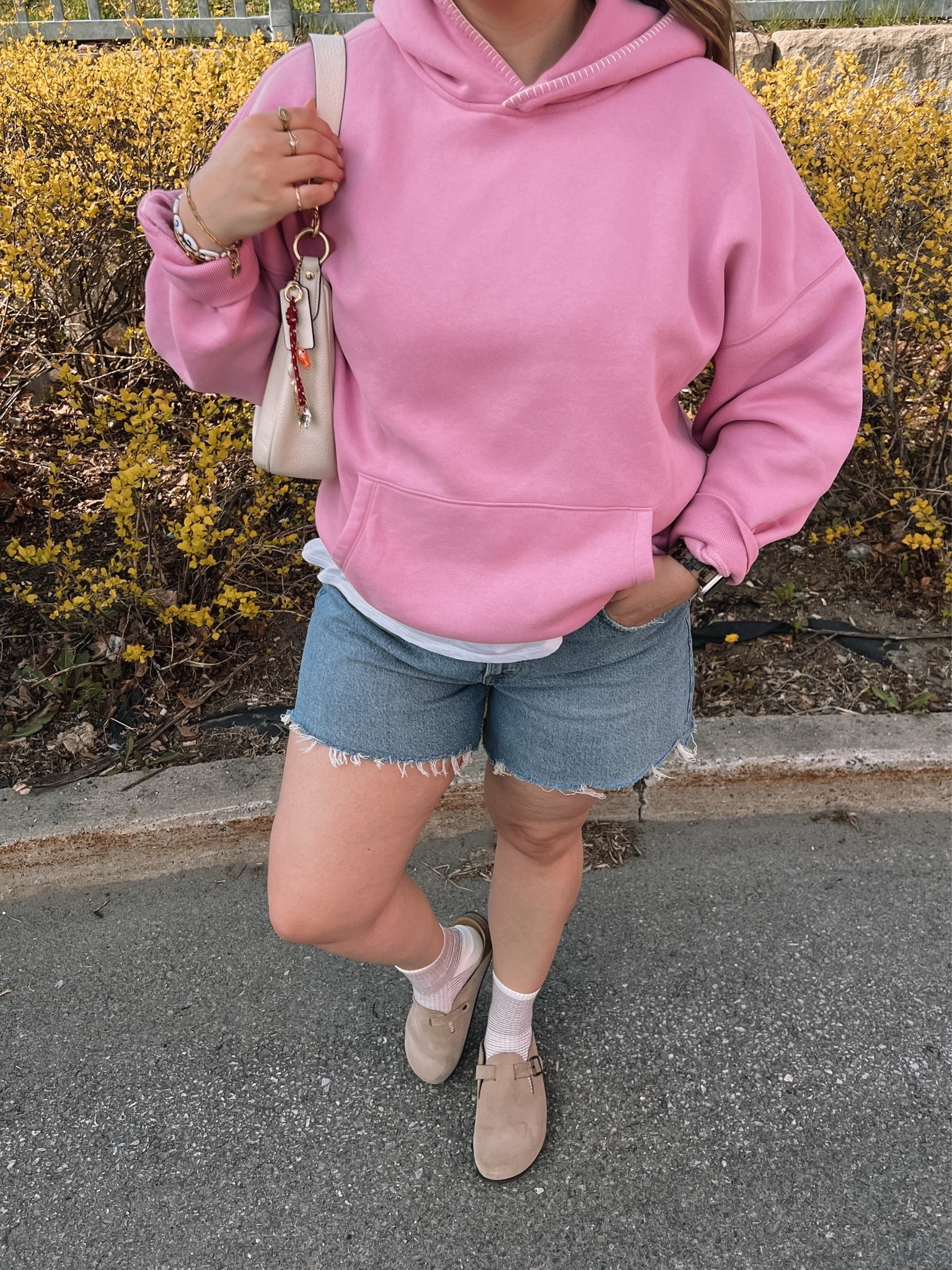 Comfy casual spring outfit! Code AFSUMMER for 15% off at Abercrombie! Wearing 32 in the shorts, I recommend sizing up! Also sized up in the pink hoodie for an oversized fit. Linked similar clogs

#LTKsale #LTKmidsize #LTKsummer