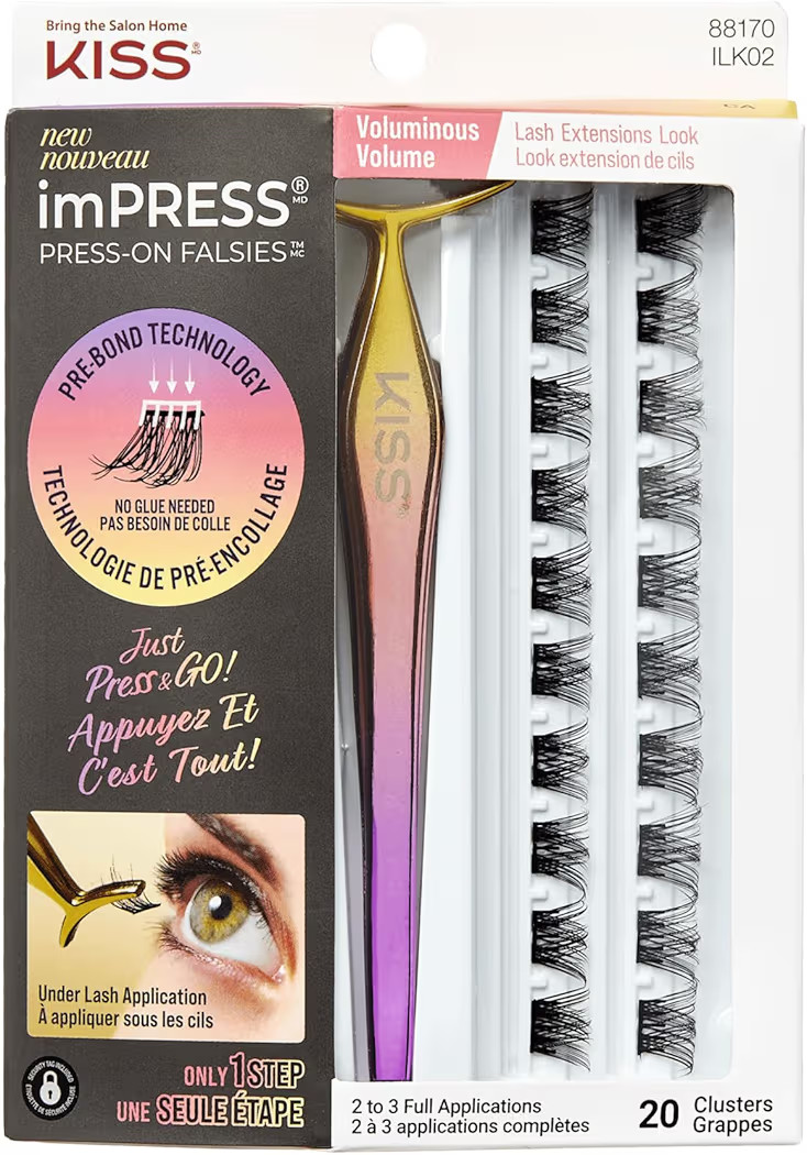 KISS imPRESS Falsies Self Adhesive Eyelashes, Press On Lashes, 12mm-14mm Glam Volume Lashes, Black, No Glue Needed, Invisible Band, 36 Lash Clusters & Non-Stick Applicator - Voluminous | Amazon (US)