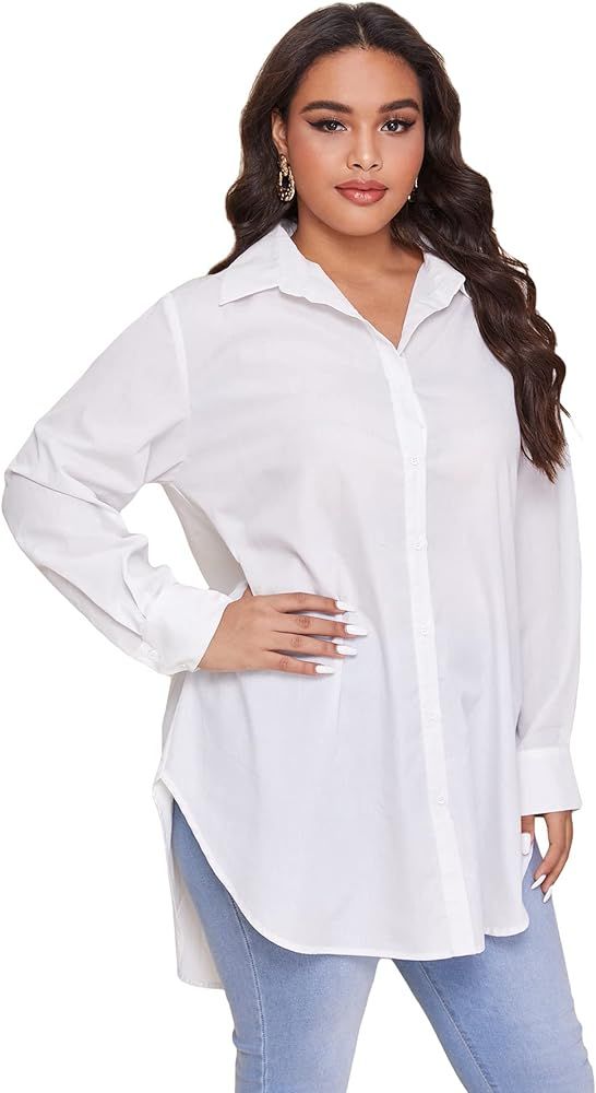 WDIRARA Women's Plus Size Button Up Long Sleeve Curve Hem Office Shirt Work Blouse Top | Amazon (US)