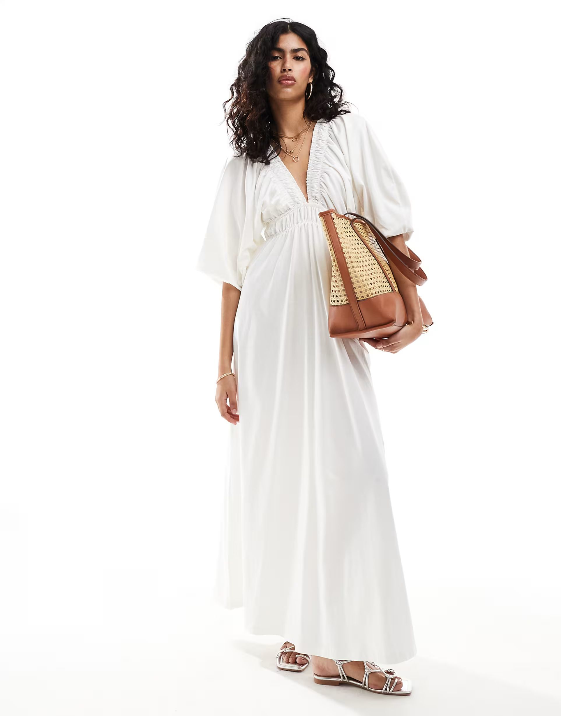 ASOS DESIGN plunge elastic tea maxi dress with ruched waist in cream | ASOS (Global)