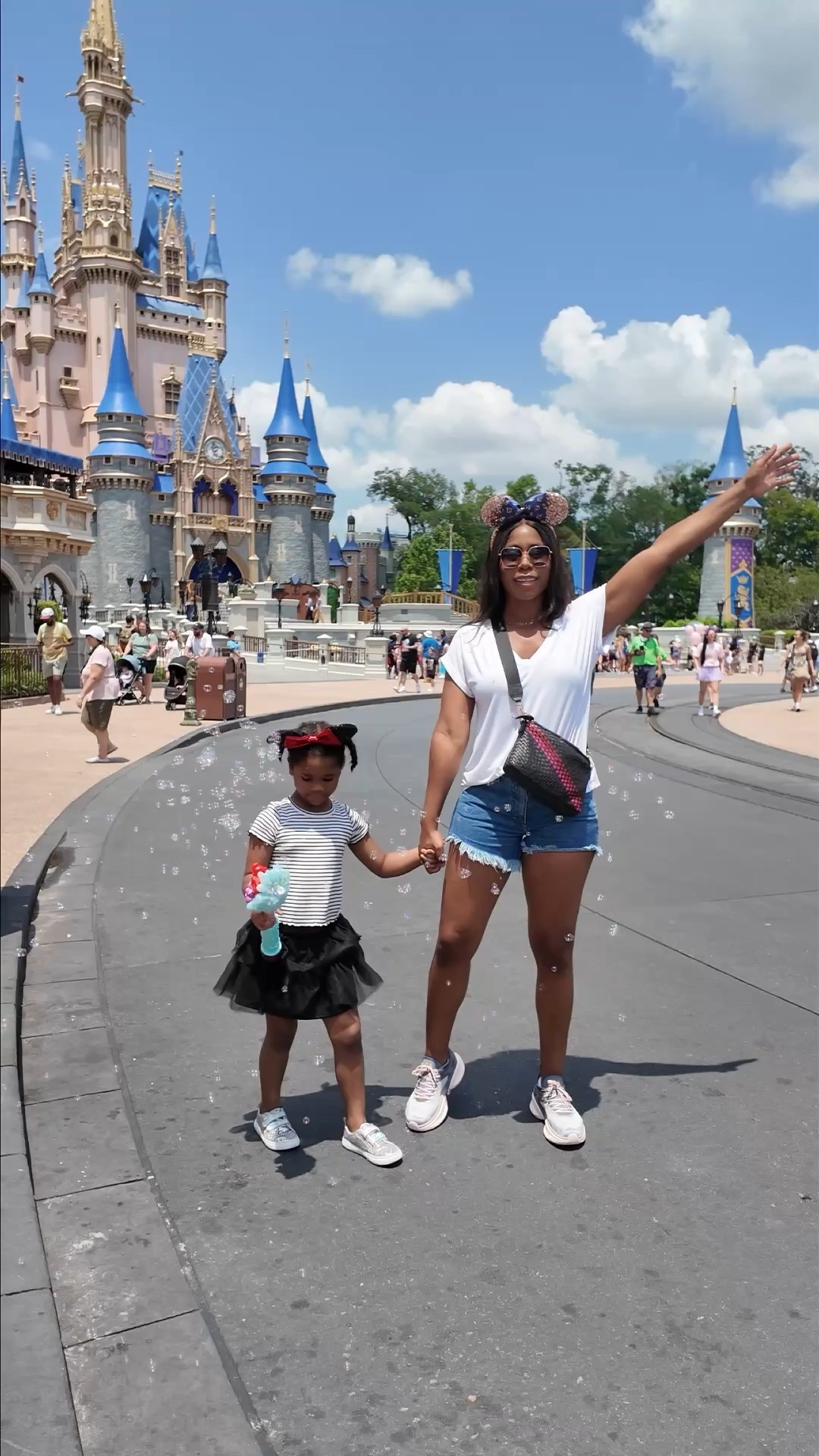 Mommy and Zoe day at Disney!!! I opted for a super casual denim shorts look and Zoe wore black and white to match her Mickey ears 

#LTKStyleTip
