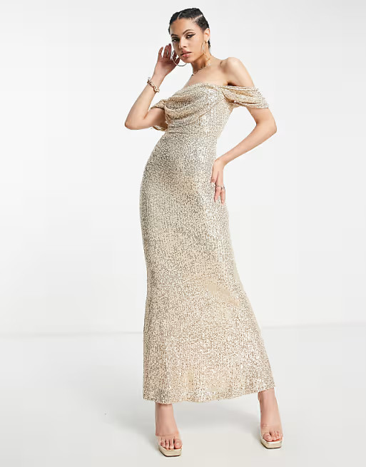 Parallel Lines bardot corset ruched maxi fishtail dress in gold sequin | ASOS | ASOS (Global)