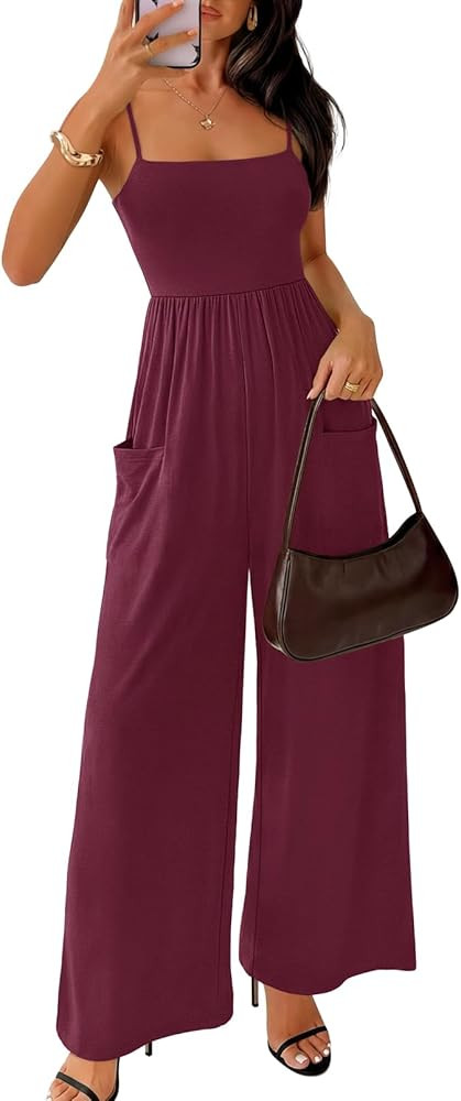 MEROKEETY Women's Summer Casual Rompers Sleeveless Spaghetti Strap Boho Wide Leg Jumpsuits Travel... | Amazon (US)