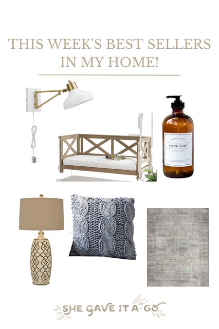 This week’s home bestsellers // wall sconces // porch swing // my bedroom rug // Walmart home // Pottery Barn pillows // blue cable knit pillows 

#LTKhome #LTKunder100 #LTKsalealert