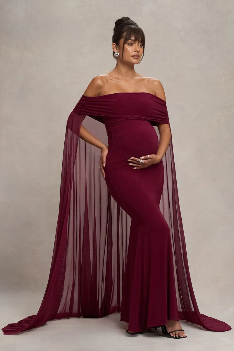Carlotta | Berry Bardot Maternity Maxi Dress With Chiffon Cape | Club L London